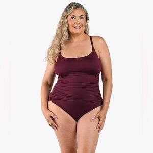 La Blanca One Piece Swimsuit Island Goddess Shirred Side Dark Cherry Red 16 NWT